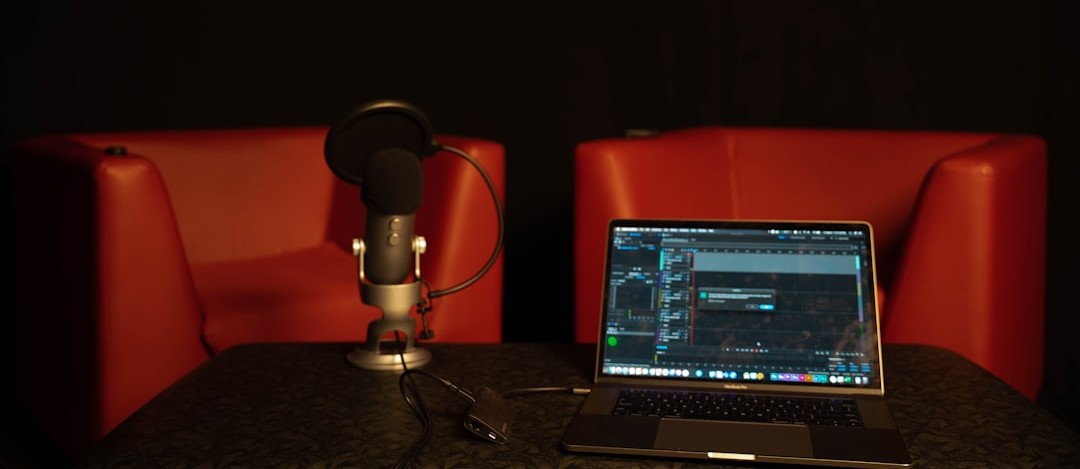 Wide shot of the podcast studio set